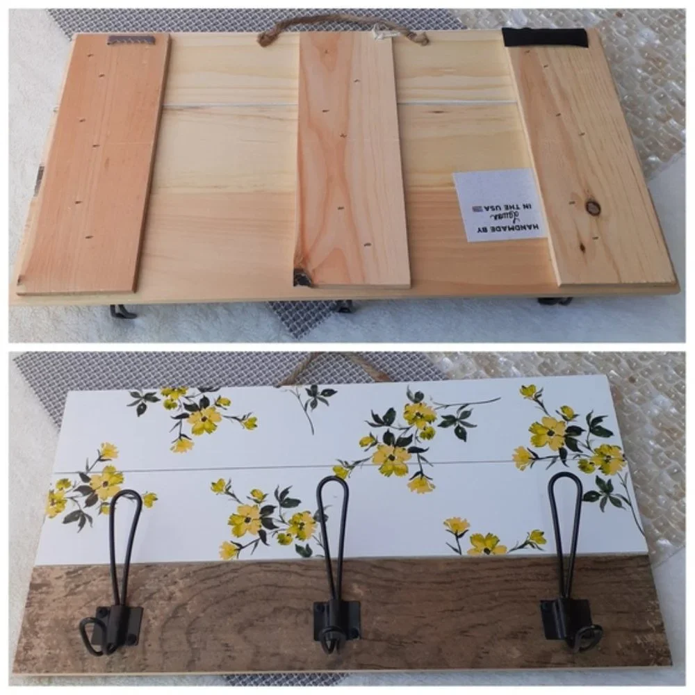Rustic Farmhouse Wall Hanging Hooks Yellow Flower USA Made Gift Idea NEW